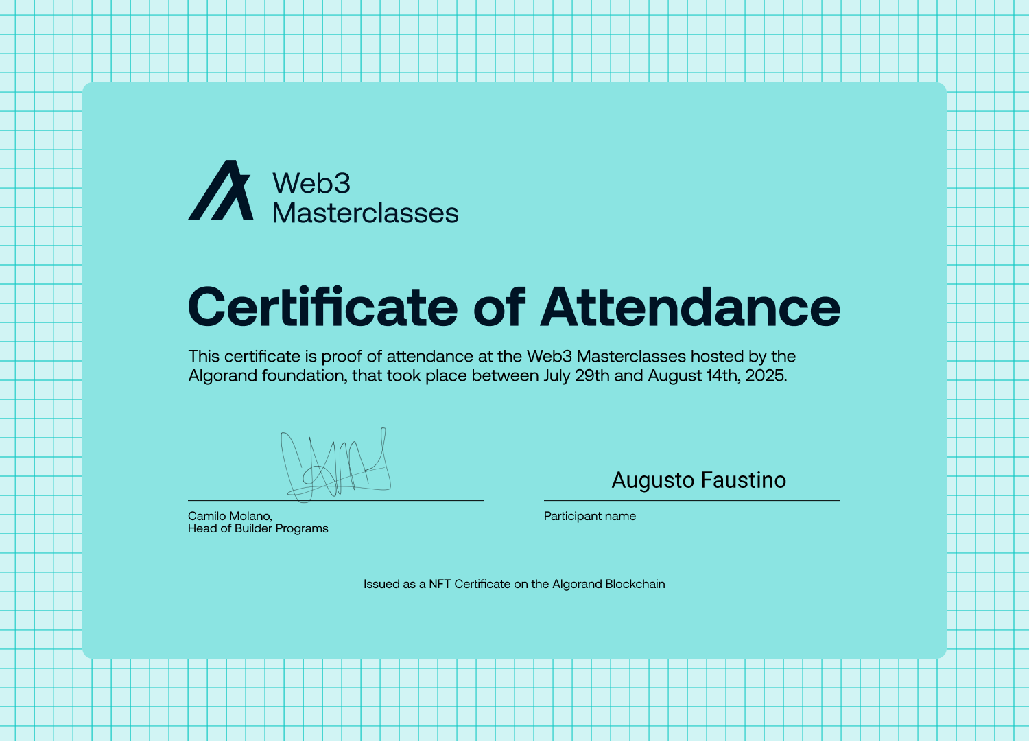 Augusto Faustino - Algorand Technical Masterclass Graduate